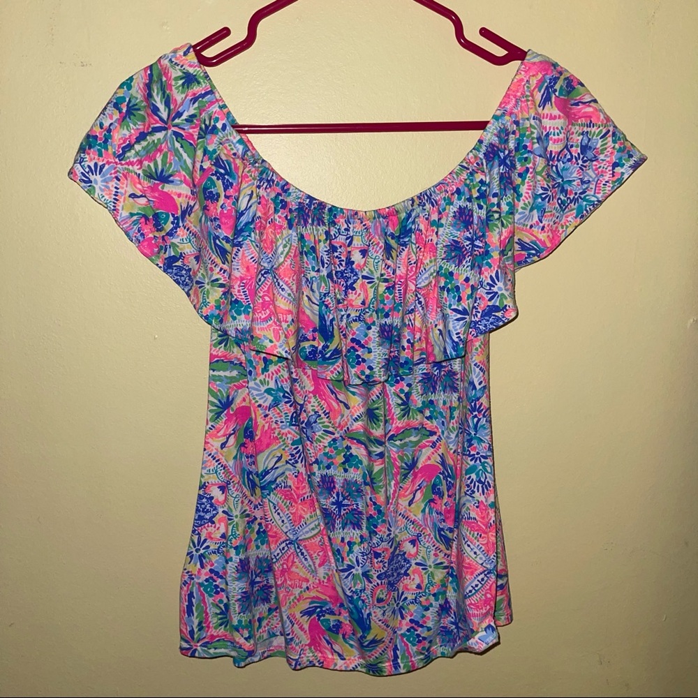 Lilly Pulitzer S off the shoulder blouse La Fortuna multi dancing on deck